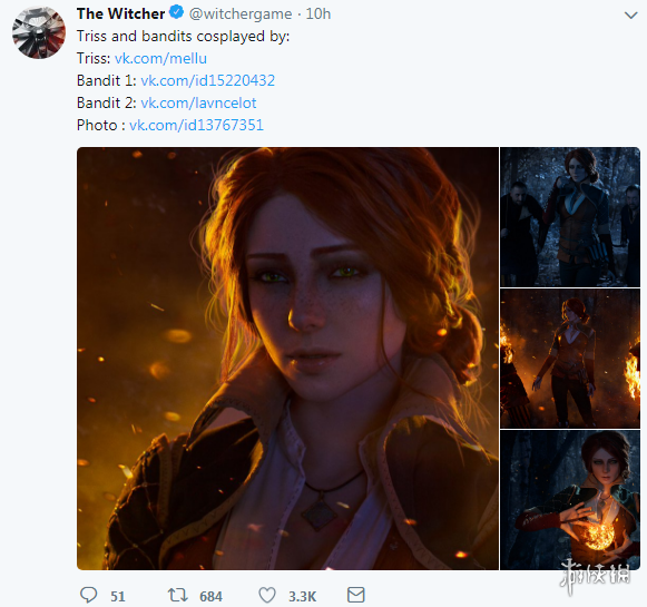 今天，《巫师3》官方推特再次为我们分享了特莉丝神级Cos图，美丽性感的特莉丝让强盗想入非非，然而结果却被烧成了灰。