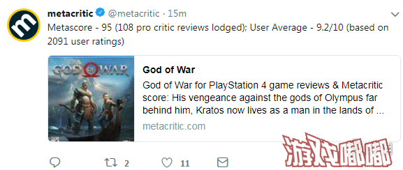 刚刚国外权威评分机构Metacritic公布了动作冒险游戏《战神4》最新的媒体评分和玩家评分，玩家平均分为9.2分，好评如潮！