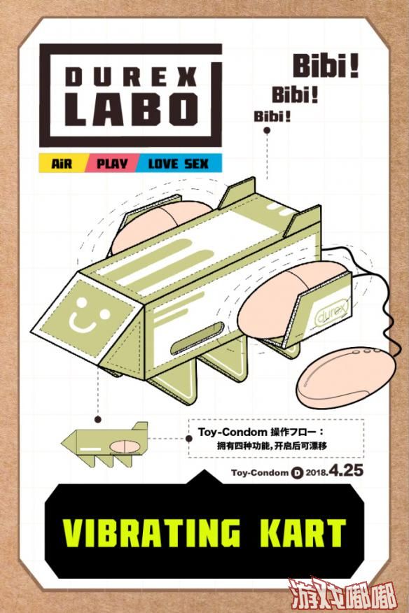 杜蕾斯官方微博发布了两张任天堂Labo的设计图纸，并真的做出来了一个会动的Labo“玩具”，只不过用来驱动的是两个属于大人的“玩具”。