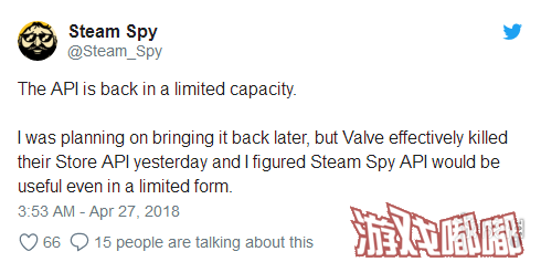 日前，因Steam更改用户隐私设置而宣布关闭的Steam第三方统计网站SteamSpy宣布复活，并且采用了新的统计算法。
