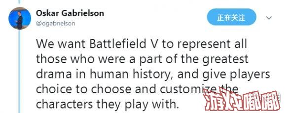 昨晚，针对《战地5（Battlefield V）》首部预告在玩家中间引发的广泛争议，游戏开发商DICE总经理在推特上通过多条推文做了具体的解释。