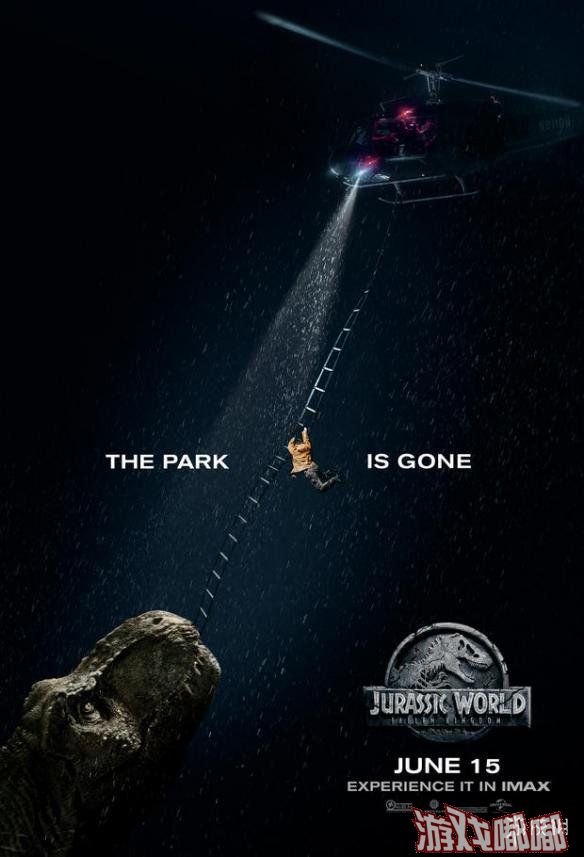日前，《侏罗纪世界2》发布IMAX专属海报，呈现了公园中最古老的恐龙之一——Rexy试图将一架直升机从天空中拉下的画面。