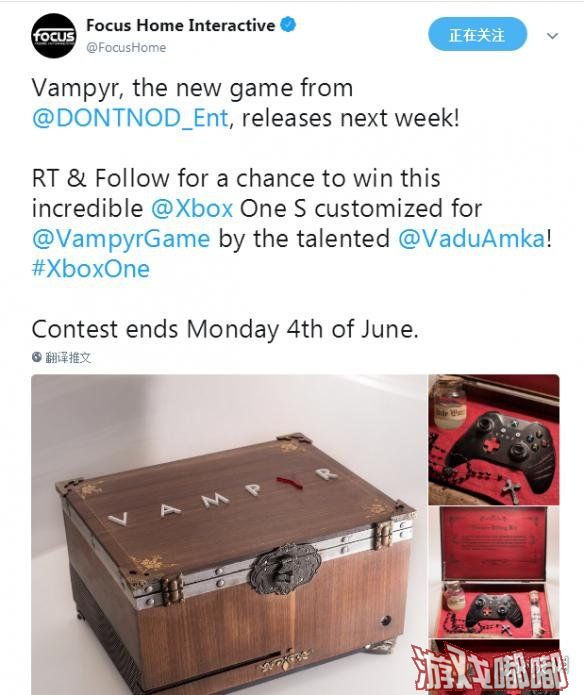 近日，随着剧情丰富动作冒险游戏《吸血鬼（Vampyr）》的即将发售，游戏发行商Focus在推特上公布了国外一位手柄自定义制作大神制作的一款精美《吸血鬼》主题XboxOne手柄。