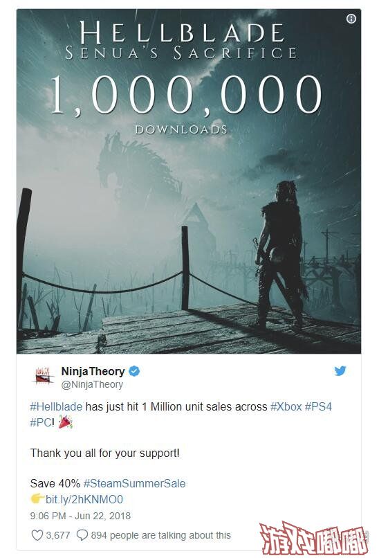 日前，开发商兼发行商Ninja Theory公布消息，《地狱之刃：塞娜的献祭（Hellblade: Senua’s Sacrifice）》游戏销量已突破一百万份。