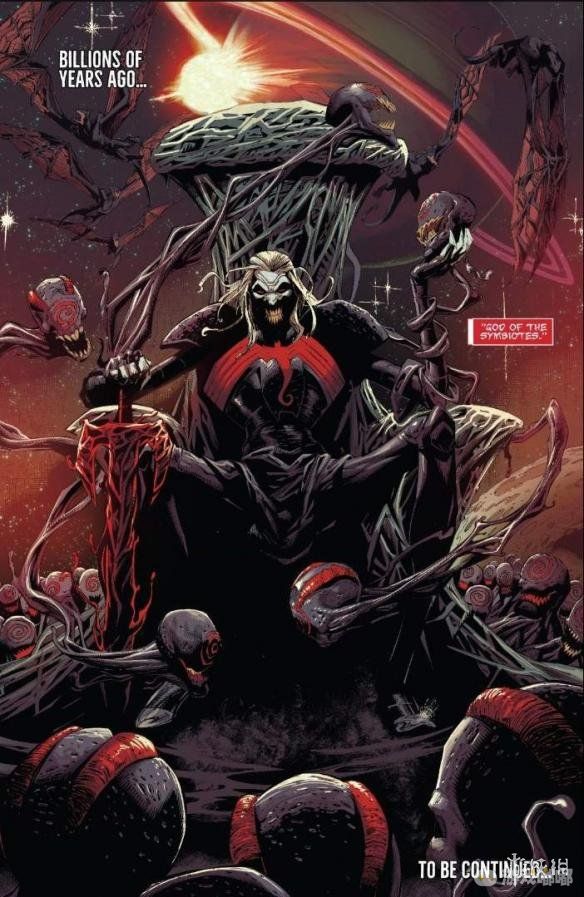 本月初刚刚发行的《毒液#3》引入了毒液上帝，作为地球诞生之初就已经存在的大神，Knull是远古之神“恶毒”的实体化身，其坐在神坛上的恐怖造型犹如DC小丑。