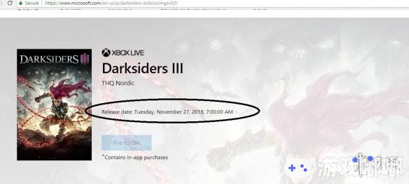 微软的Windows商店昨天又泄露了一款游戏的发售日，它就是《暗黑血统3(Darksiders III)》，《暗黑血统3》是一款砍杀动作冒险游戏，游戏将于今年11月27日发售！