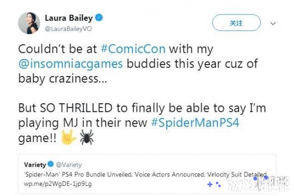 近日，为《漫威蜘蛛侠（Marvels Spider-Man）》玛丽简配音的Laura Bailey公开了自己的身份。她曾为数目繁多的游戏角色配过音，包括老滚5中的瑟拉娜！