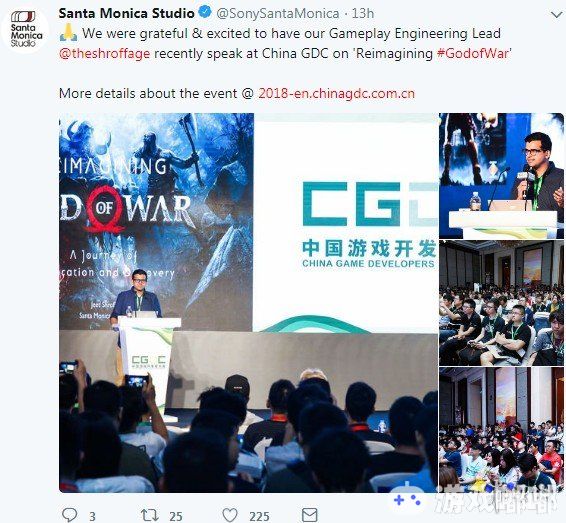 索尼圣莫妮卡官方今天分享了《战神4》新动态，《战神4》游戏玩法总监Jeet Shroff近期参加了中国GDC（中国游戏开发者大会）并现场演讲“战神重塑”主题，索尼圣莫妮卡表示能在中国GDC上演讲很感激，也很激动。