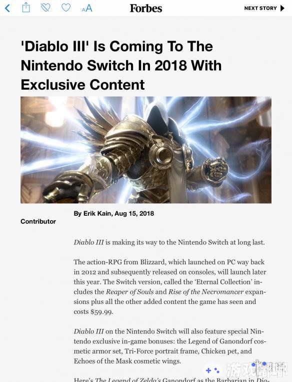 《福布斯》杂志近日发文爆料称，《暗黑破坏神3(Diablo III)》将于2018年登陆任天堂的switch平台，让我们一起来了解下详情吧！