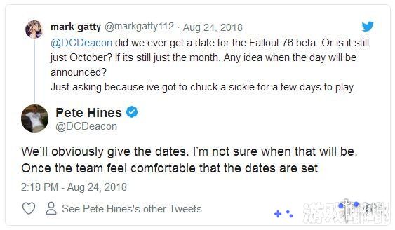 来自Bethesda的Pete Hines近日在推特上回答了网友的提问，他表示《辐射76(Fallout 76)》未来不会考虑转成单机游戏，将永远是一款网游，让我们一起来了解下吧！
