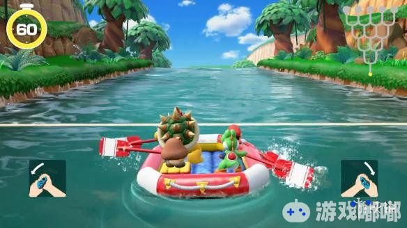 近期任天堂官方公布了合家欢游戏新作《超级马里奥聚会（Super Mario Party ）》最新“河流生存”模式的实际游戏视频，视频中需要玩家四人配合操作皮艇一边前进一边完成各种小游戏获得奖励时间达到终点，