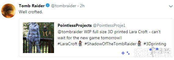 日前，有玩家使用3D技术打造了《古墓丽影：暗影（Shadow of the Tomb Raider）》劳拉等身模型，技术太赞获官方点赞，一起来看一下。