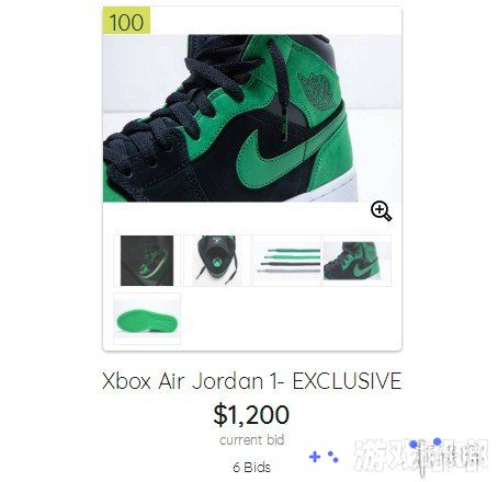 近日，Xbox与与耐克合作推出的主题球鞋Air Jordan 1“Xbox”将进行拍卖，竞标价格为1200美元。