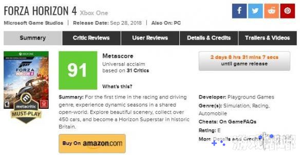 微软独占竞速大作《极限竞速：地平线4（Forza Horizon 4）》今日正式解禁媒体评分，多家媒体满分，目前均分为91分，可谓年度必玩竞速游戏！