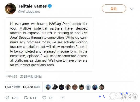 不久前，Telltale工作室宣布倒闭，让不少玩家很揪心《行尸走肉：最终季》的未来。近日，官方发公告表示游戏仍在制作中，但是不能做出任何保证！