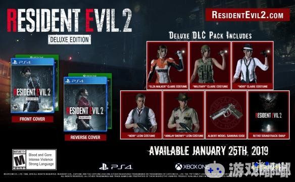 卡普空今日公布了《生化危机2：重制版(Resident Evil 2 Remake)》豪华版的游戏封面和豪华版中将会包含的DLC服装，其中克莱尔有三套，里昂有两套，一起来看看吧！