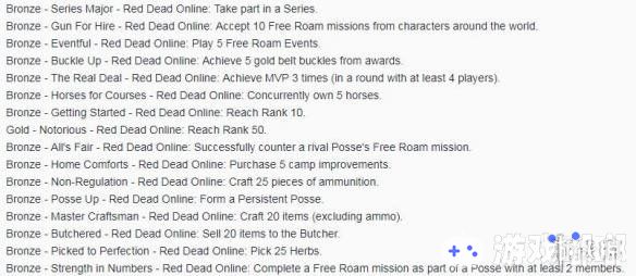 玩家期待的《荒野大镖客2（Red Dead Redemption 2）》将于10月26日发售，日前一位PSN Profiles论坛用户曝光了游戏完整的奖杯成就列表，一起来看一下。