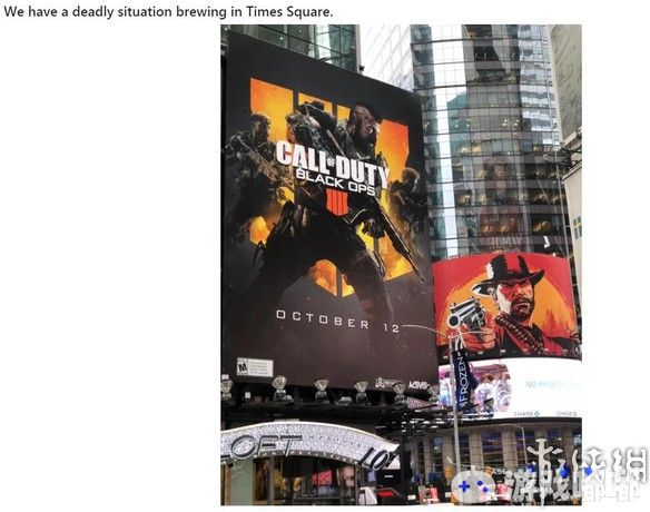 《使命召唤15》、《荒野大镖客：救赎2》近日都展开了大规模宣传攻势，巨幅宣传海报也是进驻了纽约时代广场，也许是因为巧合，这两张海报中人物的朝向相对。