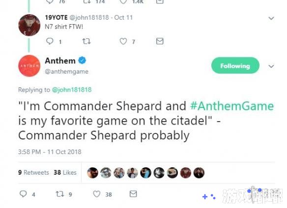 最近《赞歌》官方Twitter自我调侃，在回复一个玩家的推文中表示《质量效应》三部曲主角斜坡（Shepard）最爱的游戏就是自己——《赞歌》。