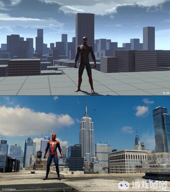 最近，《漫威蜘蛛侠（Marvels Spider-Man）》官方设计师曝光了一些游戏开发早期的图片，展现了空空荡荡、毫无生机的纽约市！想知道游戏幕后的样子吗？一起来看看吧~