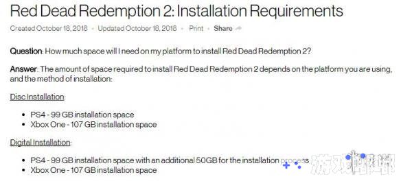 R星官方总算终结了关于《荒野大镖客2（Red Dead Redemption 2）》容量大小的猜测：游戏的PS4版需99GB空间，而Xbox One版需107GB，此外PS4数字版安装过程还要额外加上50GB！