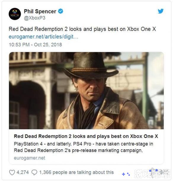 Xbox部门的老大Phil Spencer近日在推特上谈论了Xbox One X版的《荒野大镖客2(Red Dead Redemption 2)》，他表示自己为Xbox One X版《荒野大镖客2》的表现感到骄傲，让我们一起来看看吧！