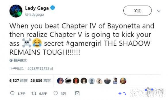 今日，欧美著名歌手Lady Gaga发推表示她目前正在玩《猎天使魔女（Bayonetta）》，并透露自己私底下也是一位女玩家。