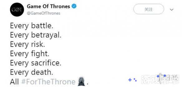 《权力的游戏（Game of Thrones）》官方推特今天公布了第八季的新宣传片，并表示它将在2019年4月正式开播！宣传片中展现了大量之前的精彩瞬间，一起来看看吧~