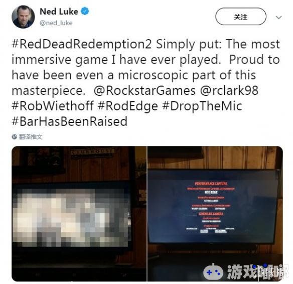《GTA5》麦克·迪圣塔扮演者内德·卢克发推称已经通关了《荒野大镖客2（Red Dead Redemption 2）》，最具沉浸感的游戏。