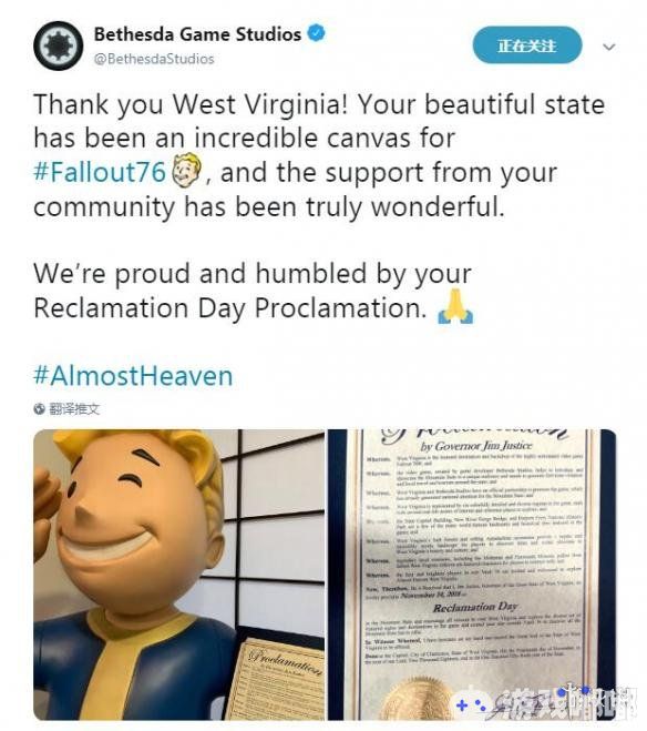 《辐射76（Fallout 76）》中的开垦日也就是游戏的发售日，现在已经成为了现实中美国西弗吉尼亚州的一个正式的节日。近日该州州长签署了相关的宣言。