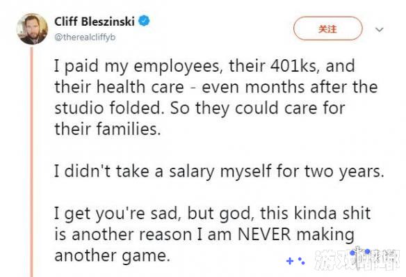 在经历的《破法者（LawBreakers）》的失败之后，“战争机器系列之父”Cliff Bleszinski近日在个人推特上宣布他将在之后退出游戏开发行业。