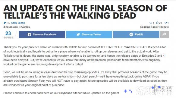 在Telltale Games宣布破产倒闭之后，《行尸走肉：最终季》也没法真正完结，不过近日传来了游戏的新消息，一起来看看吧。