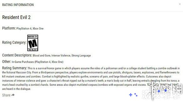 《生化危机2：重制版》在美国评级机构ESRB现身，被评为“M级（适合17岁及以上玩家）”。一起来看看吧。
