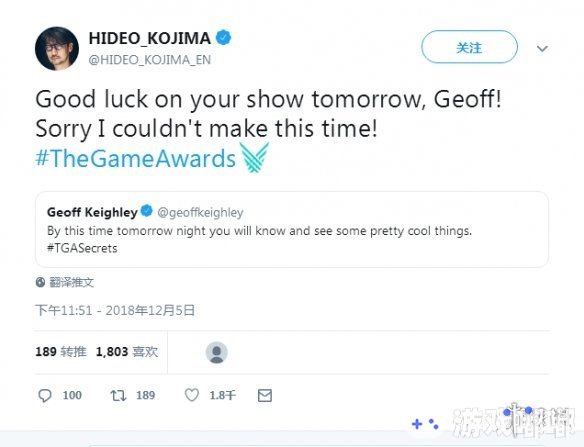今天，著名游戏制作人小岛秀夫在推特上宣布他将缺席TGA 2018颁奖典礼。这也意味着我们无法在TGA 2018上看到《死亡搁浅》的最新预告了。