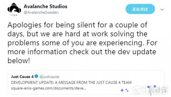 《正当防卫4（Just Cause 4）》自从发售之后再steam上褒贬不一，好评率仅34%，现在开发商雪崩工作室在推特上向玩家致歉，并且表示工作室即将对游戏进行大改进！