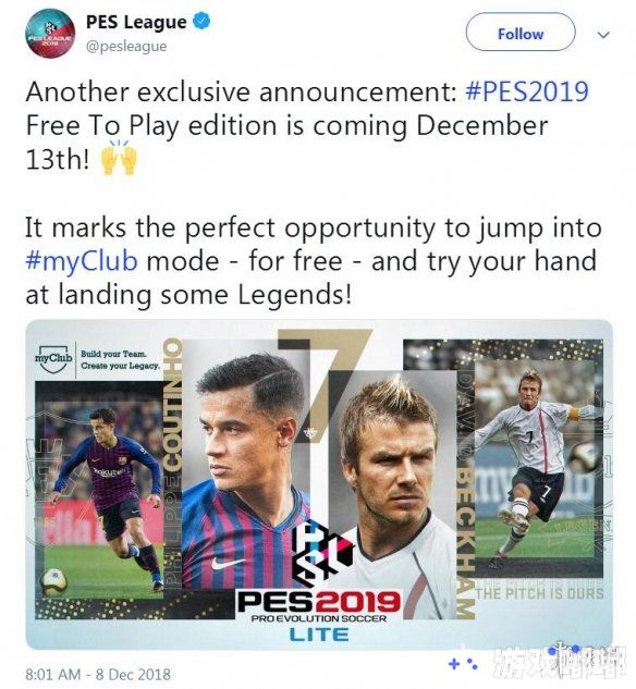 KONAMI的PES League官方推特近日公布了《实况足球2019(Pro Evolution Soccer 2019)》的基本免费版《实况足球2019 Lite》，免费版游戏将于12月13日上线，让我们一起来了解下吧！