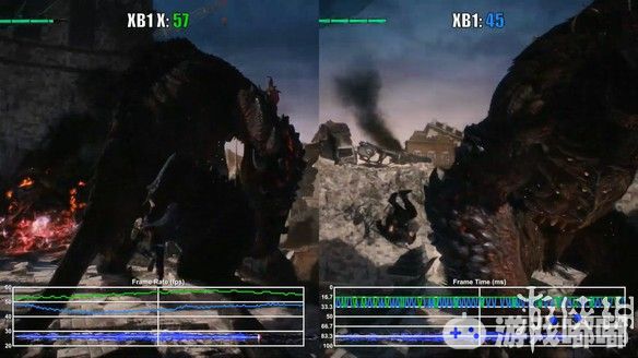 《鬼泣5》Xbox One/Xbox One X试玩Demo对比视频中，两台主机过场动画时的帧率都在40fps上下，但两者在怪物较多的战斗时还是拥有比较明显的差距。