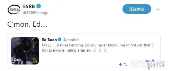 近日，《真人快打11（Mortal Kombat XI）》的制作人Ed Boon在推特表示想要全年龄适用的评级，ESRB火速回应：得了吧，Ed
