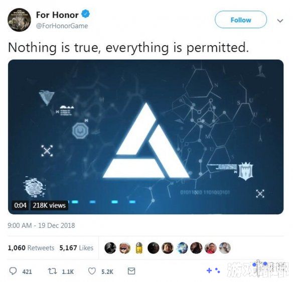《荣耀战魂(For Honor)》的官方推特今日放出了一段视频，暗示了游戏将会和《刺客信条》系列展开一次联动，官方表示详细内容将会在明天公布。