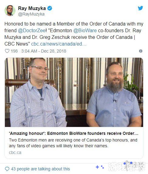 BioWare创始人获加拿大勋章，该勋章是加拿大的最高平民荣誉勋章，以表彰他们对游戏带来革命性贡献。