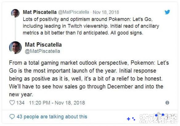 NPD分析师Mat Piscatella近日发布推文，力挺《精灵宝可梦 Let's Go 皮卡丘/伊布(Pokemon Let's Go！Pikachu/Eevee)》，将其称为“本年度最重大的游戏首发”，让我们一起来看看吧！